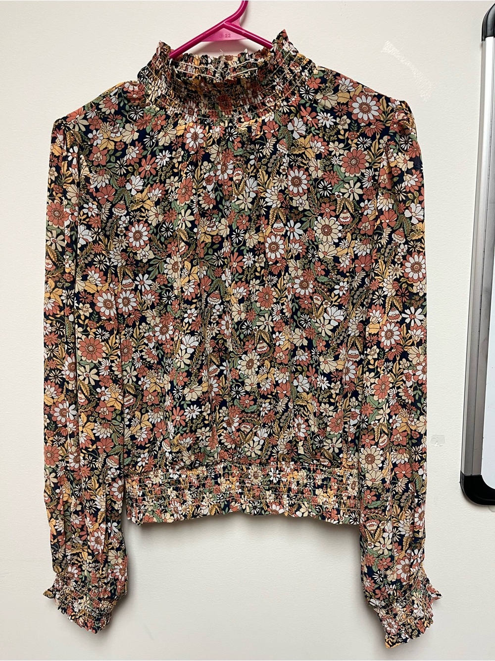 Lost + Wander Black Floral Smocked-Neck Long Sleeve Blouse